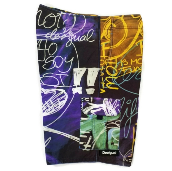 VTG Desigual Multicolor Graffiti Print Mesh Lined Long Length Swim Trunk Mens XL - Picture 3 of 16